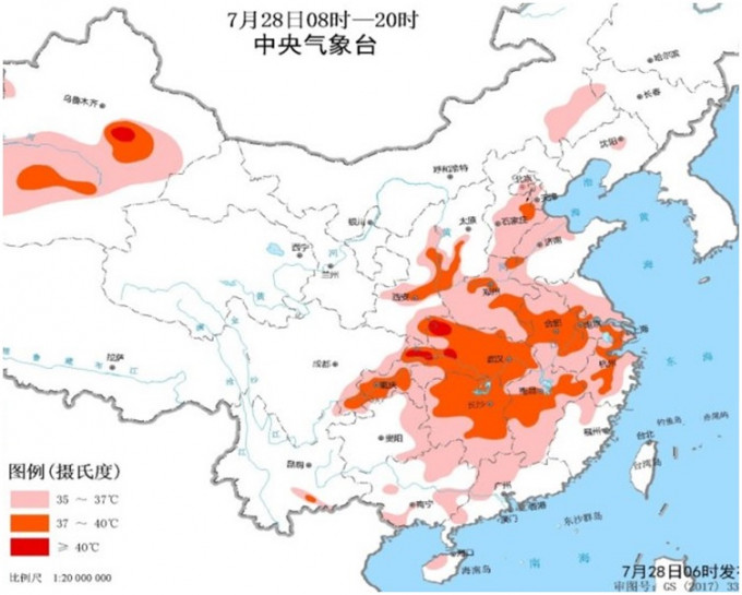 预测江汉西部和重庆北部局地可达40度以上。中央气象台截图