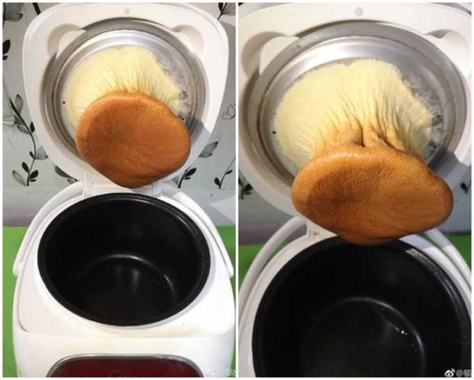 蛋糕黏在锅顶，变成一个「杏鲍菇」。邬水水sui微博图片