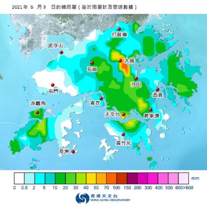 6月9日的全日雨量分布。天文台