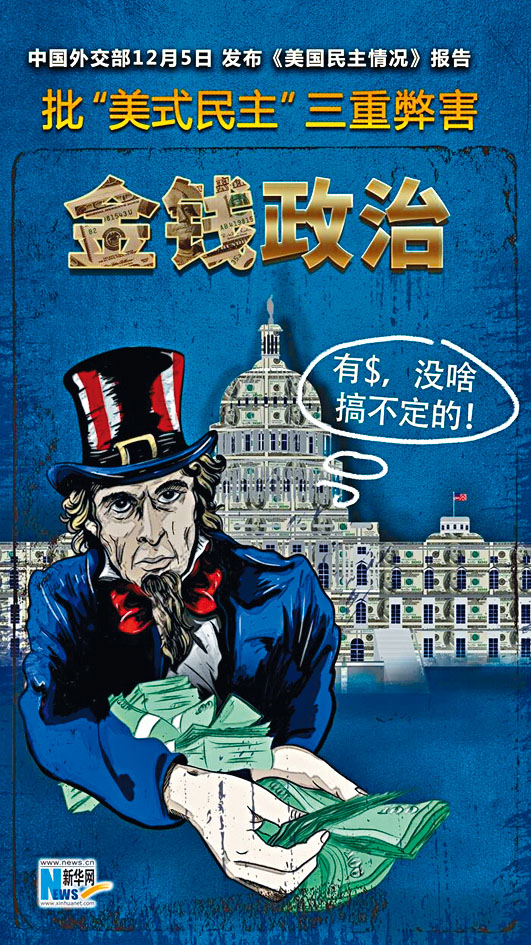 ■新华网漫画批美式民主是金钱政治。