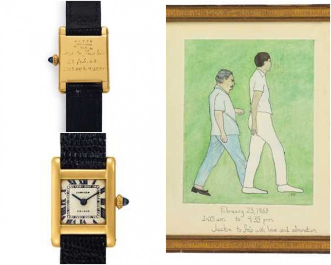 积琪莲亲手绘画的水彩画（右）和她的卡地亚手表等纪念品正进行拍卖。AP