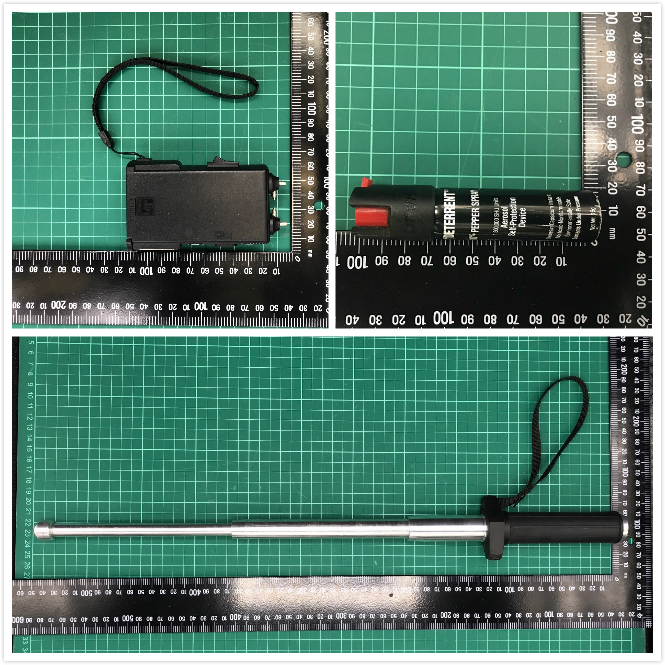 一支须刨形电枪、一支胡椒喷雾和一支伸缩棍。警方图片