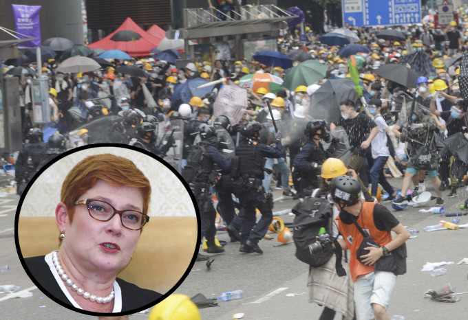 澳洲外長佩恩(小圖)發表聲明，呼籲香港示威者和警方保持克制，避免暴力。 AP及資料圖片