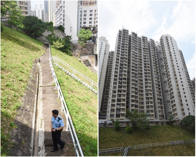 圖右，男子飛墮大廈下的山坡。圖左，警方到山坡調查。梁國峰攝