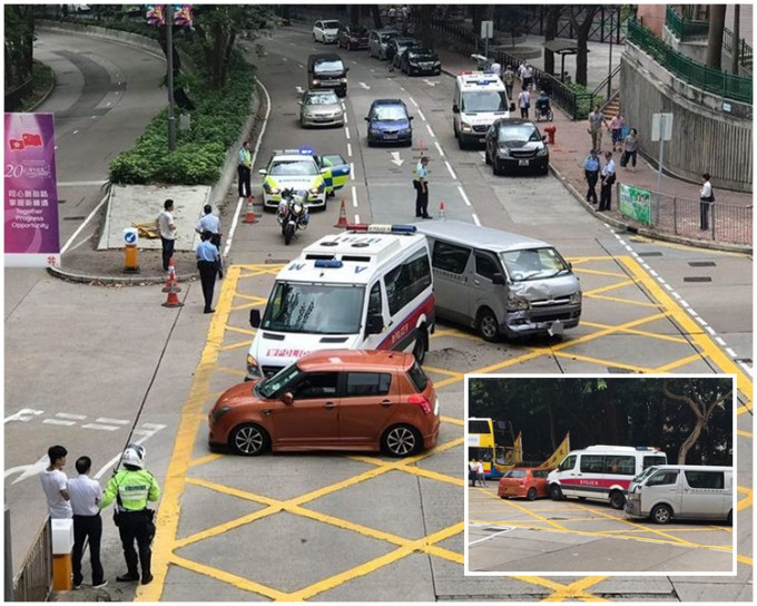 警車被夾在中間如三文治。網圖：Alex Mui‎