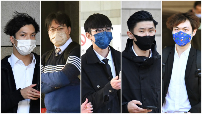 理大示威事件中的五名被告（左至右）余柏鏗、李永賢、陳卓男、翟耀瑋、施銘洋。