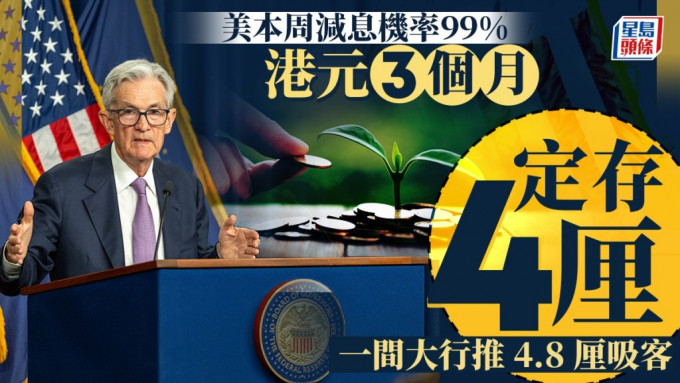 美本周减息机率99% 港元3个月定存4厘 一间大行推4.8厘吸客