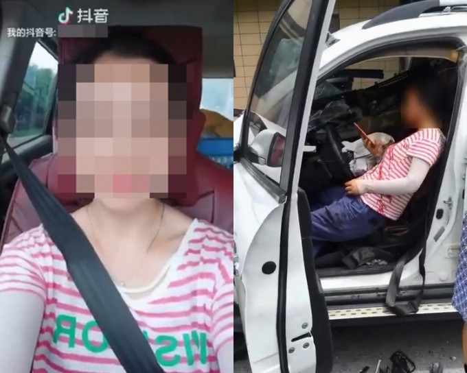 杭州有女子在開車期間玩抖音，令汽車撞至馬路邊護欄，等候救援期間仍繼續用手機。微博圖片