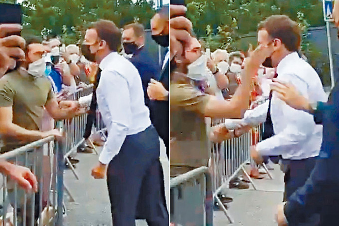 法国总统马克龙昨日访问法国东南部德龙区（Drome），与民众握手致意时，突遭一名男子掌掴。