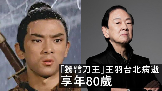 资深影星「独臂刀王」王羽今早于台北振兴医院病逝，享年80岁。网图