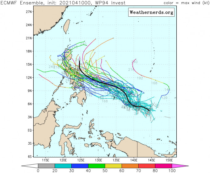 欧洲中期预报（ECMWF）集合预报显示潜在热带气旋比较有可能趋向菲律宾。网上图片