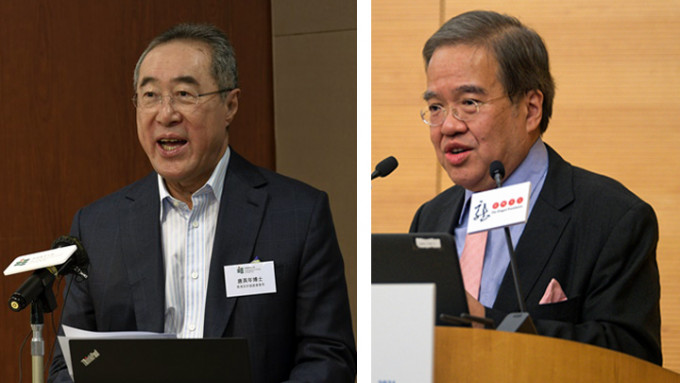 香港友好协进会会长唐英年（左）及副会长胡定旭（右）。资料图片
