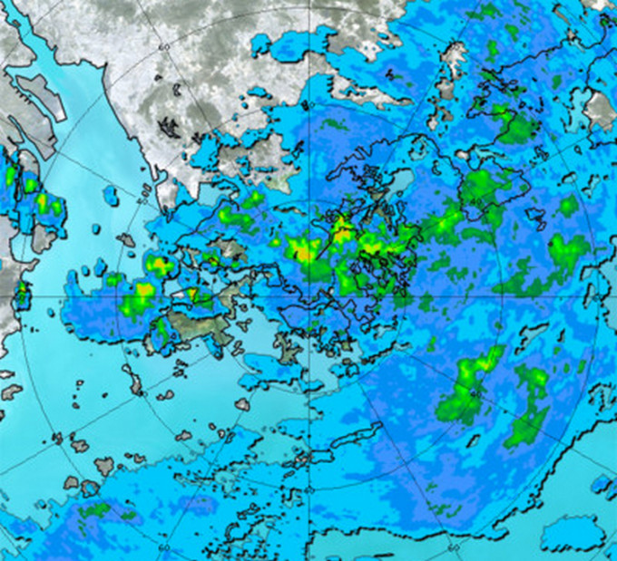 2018年 6月 13日 14时30分天气雷达图像，雨区几乎覆盖香港。天文台图片