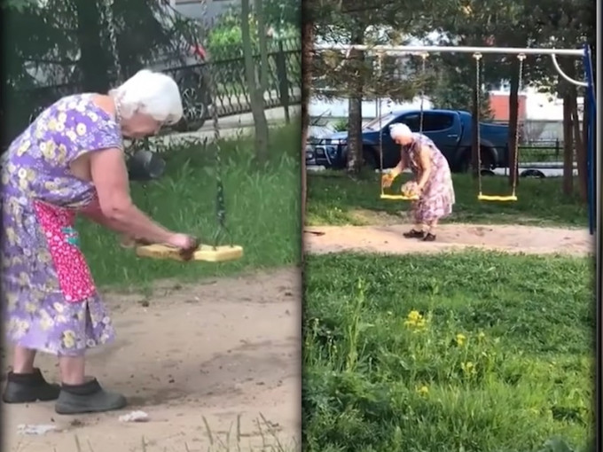 俄羅斯一名90歲老婦用糞便抹公園鞦韆。 影片截圖
