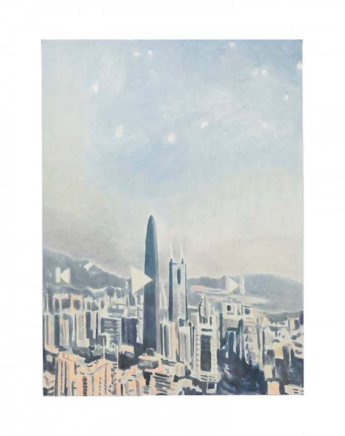 作品《深圳》(Shenzhen,2019)探索了過去、現在和未來之間不斷加速的聯結。畫作描繪了這座中國城市的⿃瞰圖,繪製⾃藝術家在筆記本電腦上觀看紀錄⽚時截取的靜幀圖像。