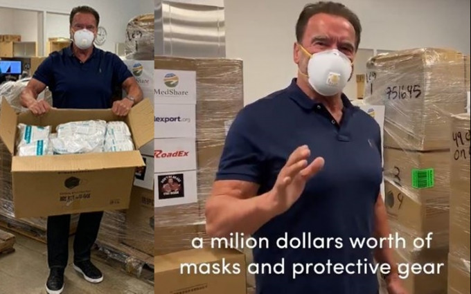 阿諾舒華辛力加近日豪擲100萬美元購買口罩及防護衣捐予前線醫護人員。