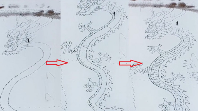 赵先生用了2小时在雪地脚画出百米长巨龙。影片截图