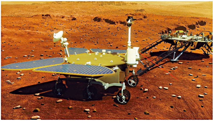 ■「祝融號」火星車離開「天問一號」到達火星表面模擬圖。
