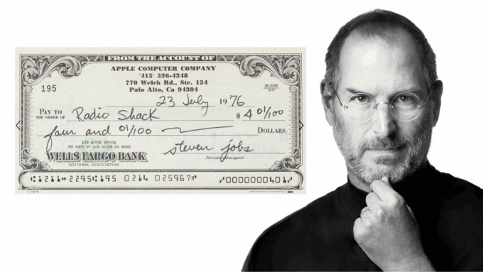 「蘋果教主」喬布斯年輕時簽發的4美元支票「升值9000倍」賣出。