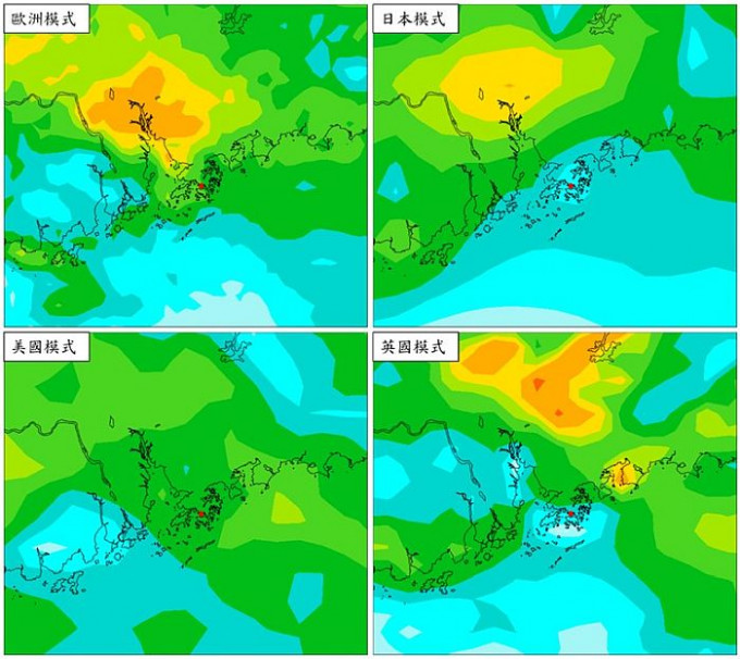即使电脑模式大致预测低压槽会为广东带来骤雨，本港是否会受影响仍存在变数。图为5月31日（星期一）晚上8时至6月1日（星期二）晚上8时的雨量图，橙色代表有降雨较多的地方。