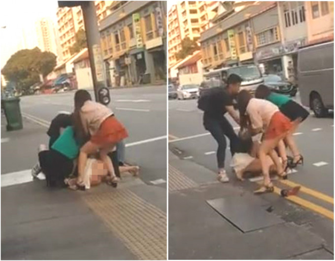 新加坡4名女子街头互殴 。网上图片
