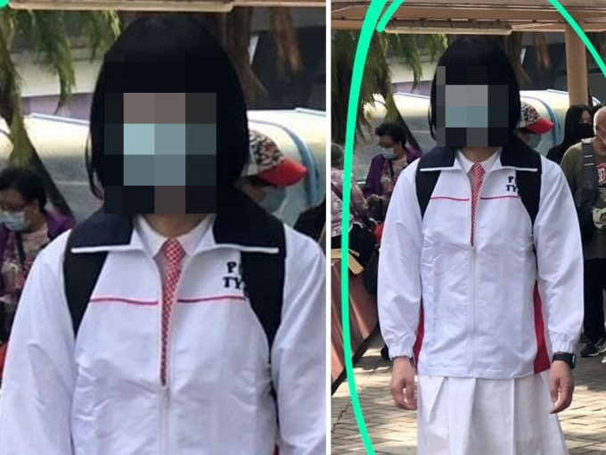 网上流传一名男子身穿屯门保良局董玉娣中学的校裙扮成女学生，在学校附近一带徘徊。网上图片
