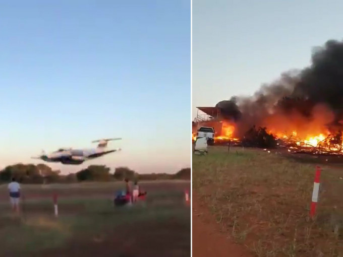 男飛機師開小型飛機發動自殺式撞擊後，會場陷入一片火海，冒出濃濃黑煙。（網圖）