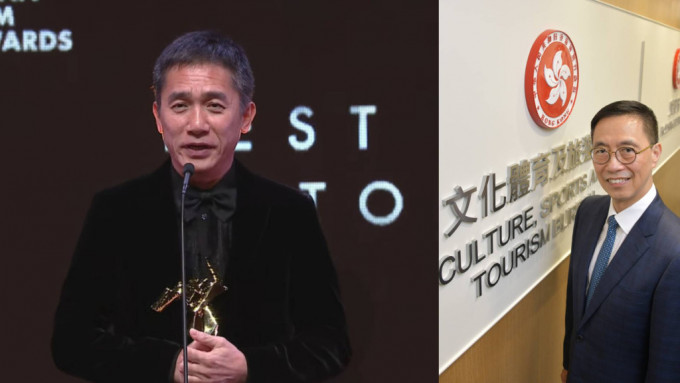 杨润雄（右）祝贺梁朝伟（左）获威尼斯影展终身成就奖。资料图片