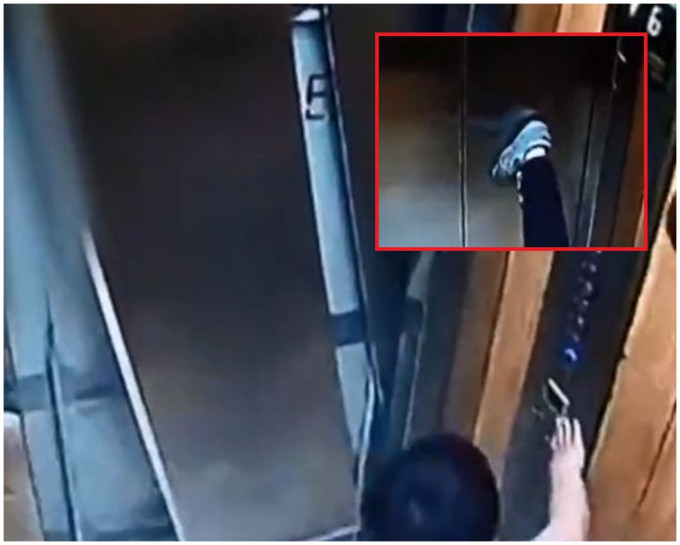 11岁的男童竟突然「飞后腿」一脚踢向电梯门。网图