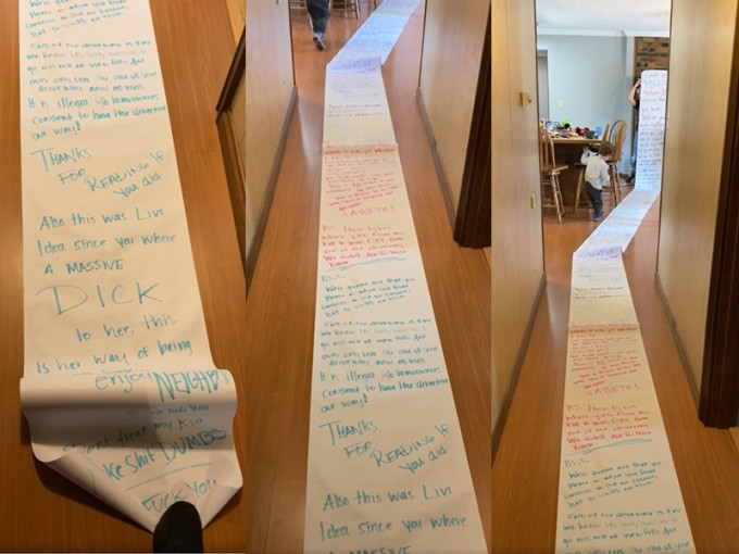 邻居寄15米长手写信要求「还玩具」给她的女儿。 网图
