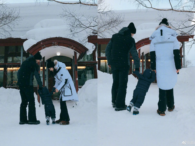 晓明与Baby拖著「小海绵」在雪地散步，画面超有爱！