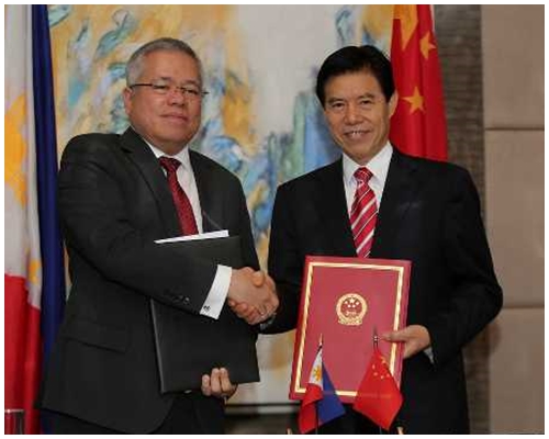 中国商务部长钟山(右)和菲律宾贸易工业部长洛佩兹(Ramon Lopez)就援助项目达成协议。新华社图片