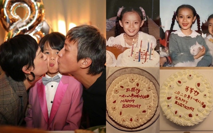孙俪晒自己10岁生日时的长发照，及为儿子订了跟当年同一款蛋糕庆生。