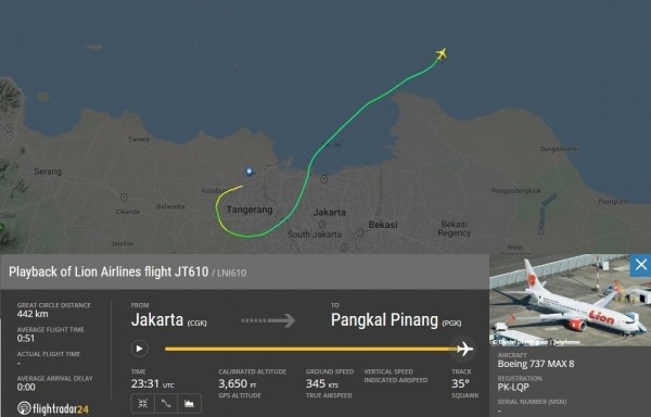 印尼獅航為JT610飛行軌跡圖。（網圖）