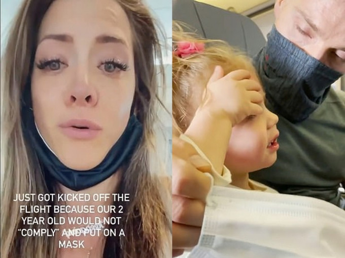 美国2岁女童搭飞机拒戴口罩，一家三口此被赶落机。（网图）