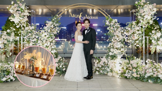 陈炜婚礼的拱门、迎宾区以梦幻色花艺设计营造浪漫。