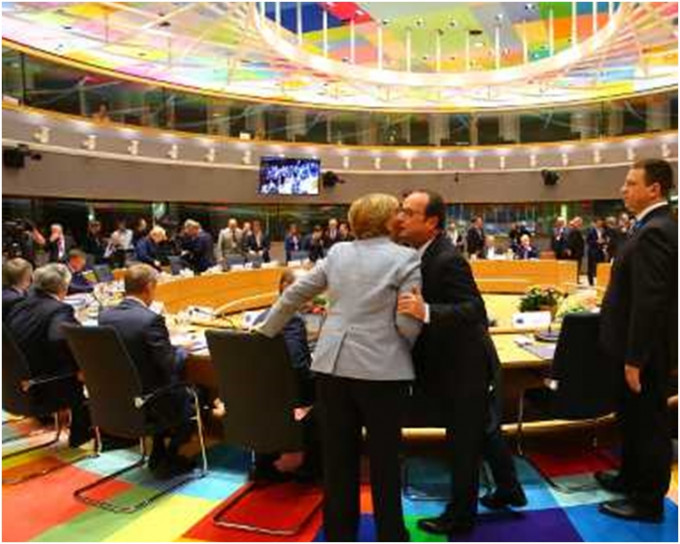 歐盟領袖只花數分鐘，便通過外交官員過去1個月制訂的長達8頁談判方針和指引。新華社