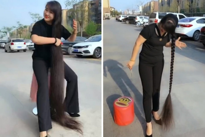 河南商丘一名女子擁有一頭180cm的長髮。　網上圖片