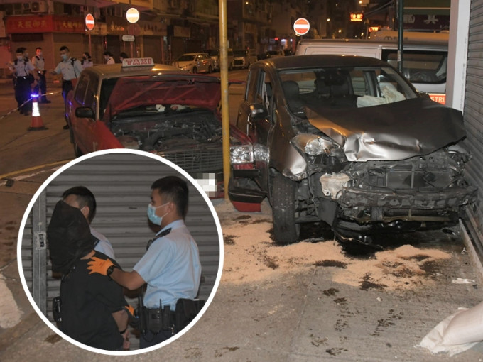 深水埗一名62岁私家车男司机（小图）冲破警方路障，并撞向一辆的士，涉嫌藏毒及狂乱驾驶等被捕。