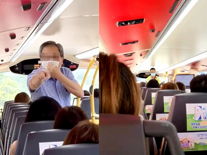 車長（右圖）調停下，大叔（左圖）終戴上口罩，但仍繼續與其他乘客爭執。網上影片截圖