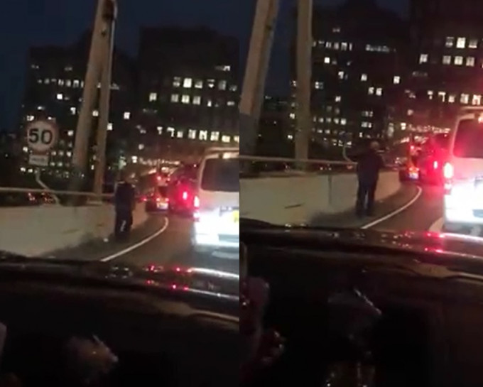 有司机在红磡往加士居道的行车天桥上，看到一名伯伯独自在行车桥的路边行走。影片截图