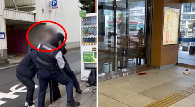 日本岛根县松江市疑发生随机斩人案，男疑凶(红圈)被拘捕。网上影片截图