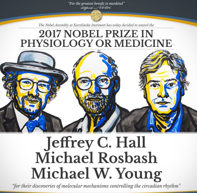 2017年度諾貝爾醫學獎得主揭盅，獎項由三位美國科學家奪得（網上圖片）