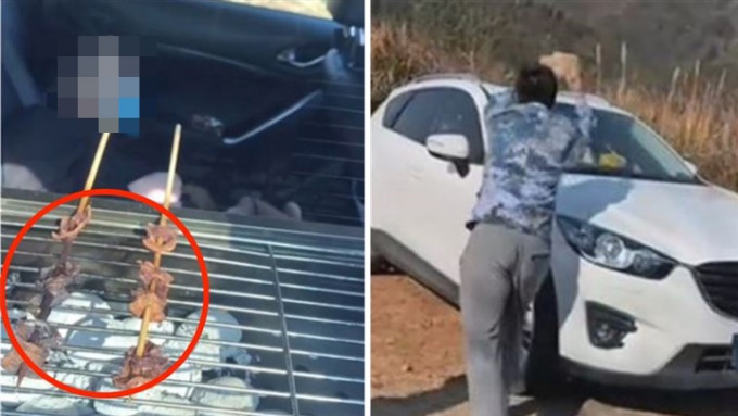 浙江男子疑在车内烧烤(红圈)并晕倒，结果要由警员救出。网图