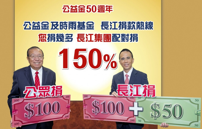 長江主席李澤鉅(右)與公益金會長李業廣聚首，拍攝「公眾捐100元，長江集團捐150元」的宣傳照。