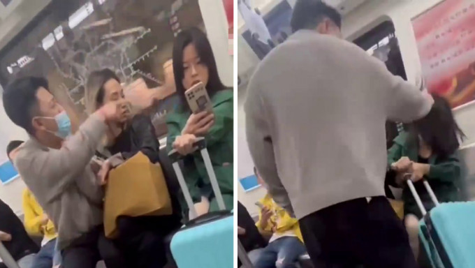 情侣地铁上与女子发生争执，两人齐上阵辱骂殴打女子。