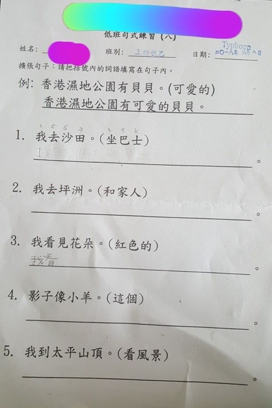 工作纸中不乏对K2学生较深，而且笔划较多的词语。网民Michelle Ng‎/ 「不愿小朋友成为功课奴隶」fb群组