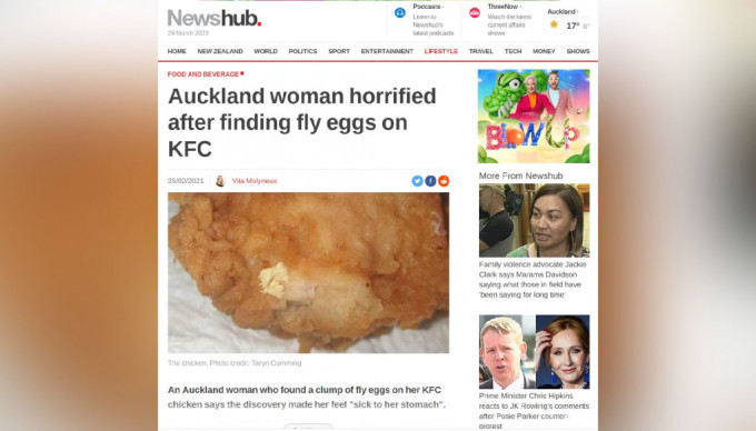 新西兰多个传媒报道肯德基炸鸡上出现疑似苍蝇卵事件。(互联网)