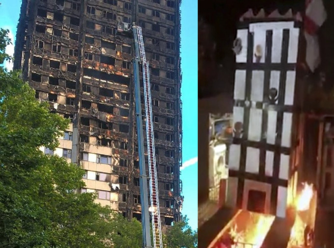 6名英国男子因放火烧格伦费尔公屋大楼模型（图右），被警方怀疑而拘捕。英国警方、AP图片