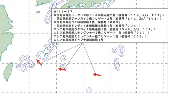 中俄艦艇穿越宮古海峽示意地圖，紅色箭嘴為中俄艦艇移動路線。mod.go.jp